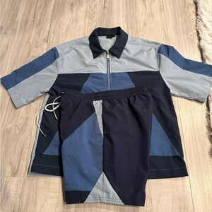 SUMWON Men's Boxy Fit Nylon Zip Short and  Shorts in Color Blocked Panels Blue